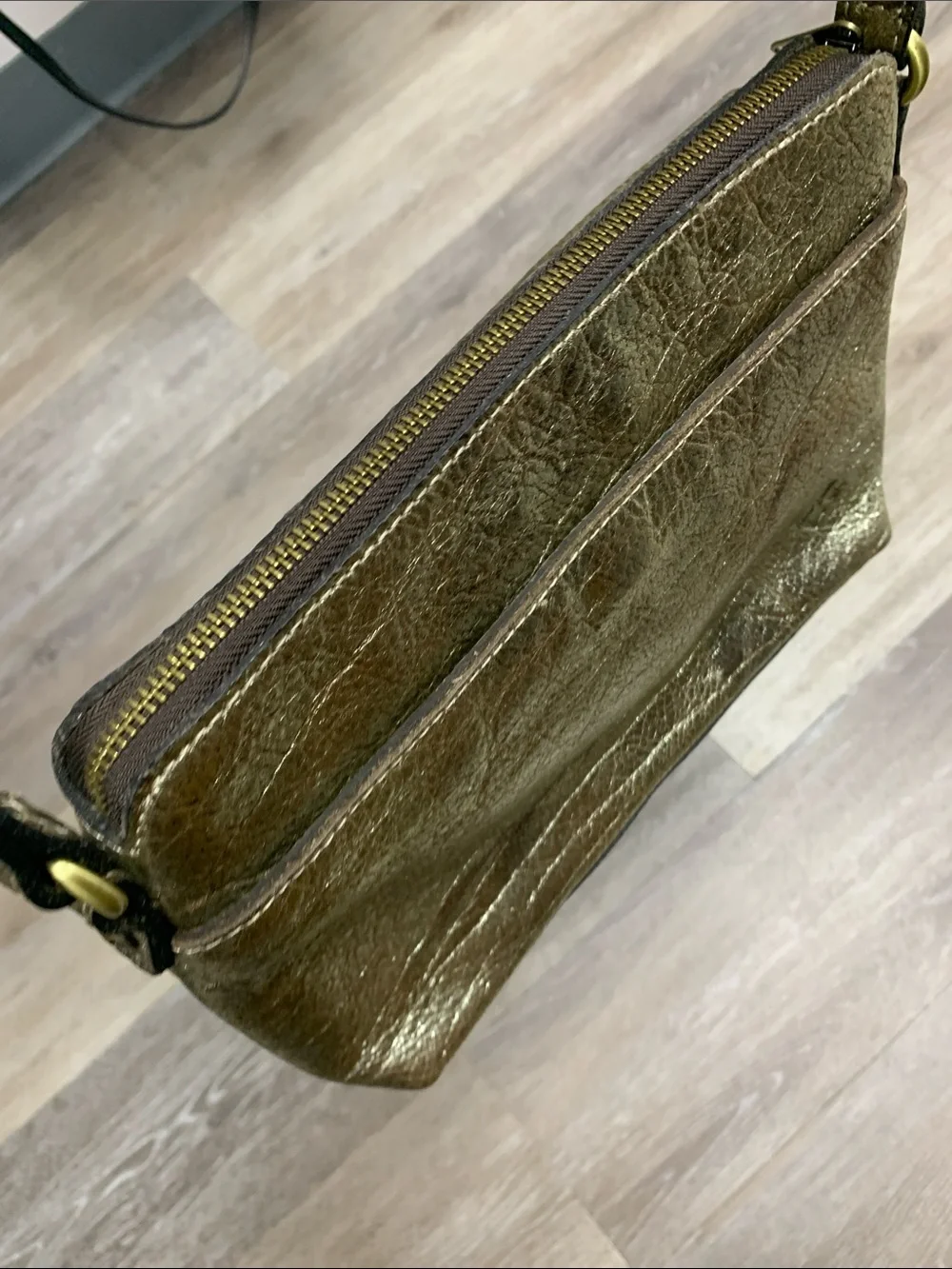 Patricia Nash Metallic Gold Leather Crossbody with Front Buckle Pocket